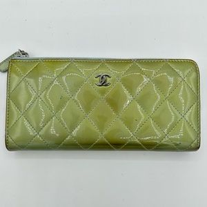 CHANEL *Rare* Light Green & Blue Patent Leather Zip Long Wallet